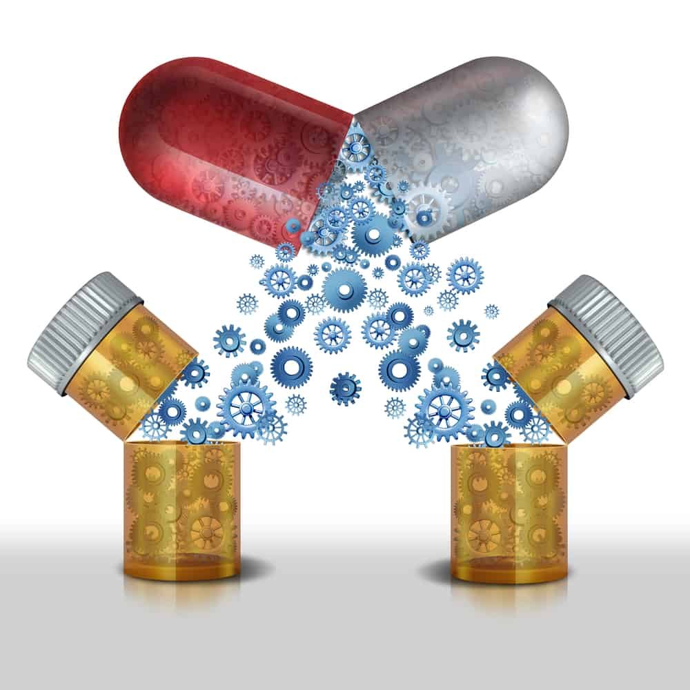 Medicine interaction and multipurpose drug or safety concerns of combining pharmaceutical drug or medicinal supplements concept as two bottles of prescription drugs coming together to create a new medical pill.